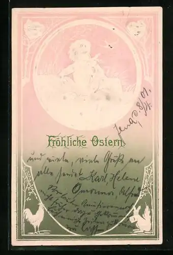 Präge-AK Kind kuschelt mit dem Osterhasen, Ostergruss, Eichhörnchen