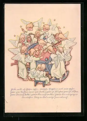Künstler-AK Engel scharen sich um die Wiege eines schlafenden Kindes