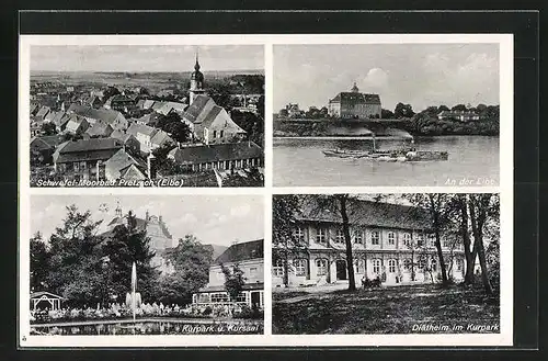 AK Pretzsch /Elbe, Kursaal und Kurpark, Diätheim, An der Elbe mit Dampfboot