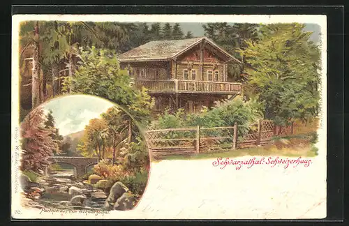 Lithographie Schwarzburg, Schweizerhaus im Schwarzatal, Ortspartie mit Brücke