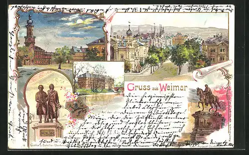 Lithographie Weimar, Carl August Denkmal, An der Ilm. Göthe und Schiller Denkmal