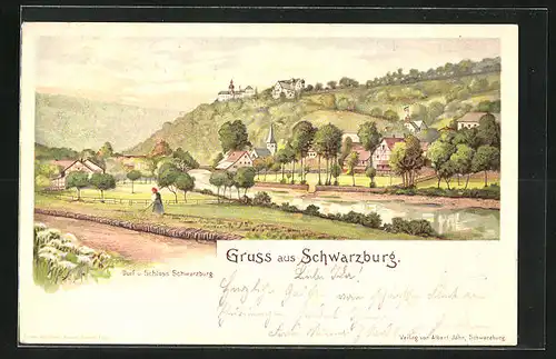 Lithographie Schwarzburg, Panorama mit Frau am Acker
