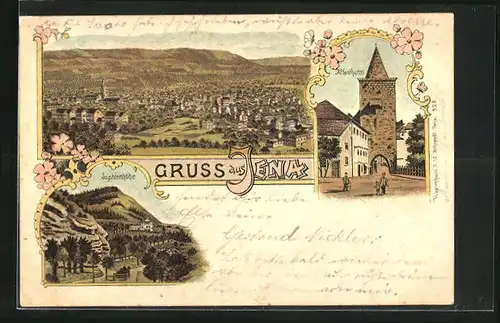 Lithographie Jena, Sophienhöhe, Affenthurm, Totalansicht