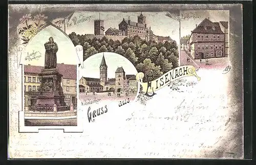 Lithographie Eisenach, Wartburg, Lutherhaus, Nikolaithor