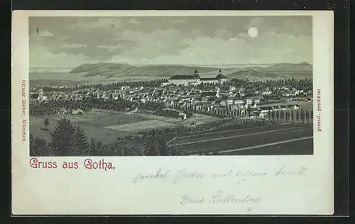 Mondschein-AK Gotha, Panoramaansicht der Stadt