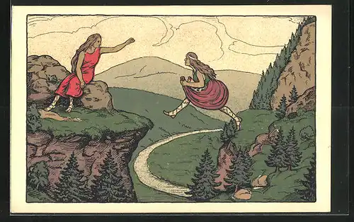 Steindruck-AK Harzgerode / Harz, Die Sage vom Mädgesprung