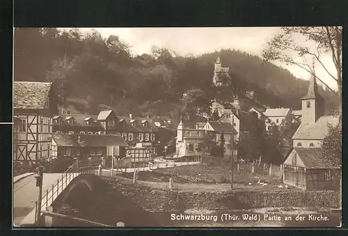 AK Schwarzburg / Thür. Wald, Flusspartie mit Kirche