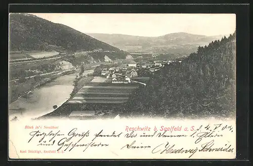 AK Reschwitz b. Saalfeld a. S., Ortsansicht mit Flusspartie