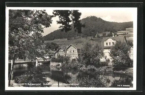 AK Sitzendorf i. Schwarzatal, Brückenpartie mit Bismarckturm