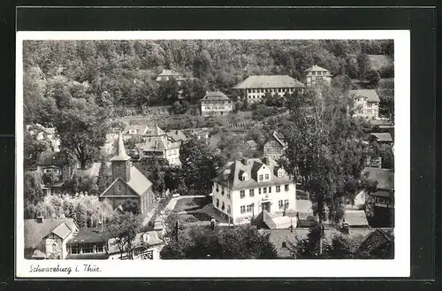 AK Schwarzburg i. Thür., Ortsansicht aus der Vogelschau mit Rathaus und Forstschule