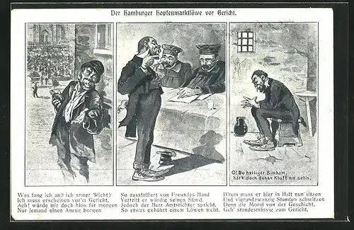 Künstler-AK Der Hamburger Hopfenmarktlöwe vor Gericht