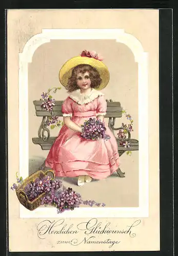 AK Mädchen sitzt mit einem Strauss Veilchen auf der Bank, Herzlichen Glückwunsch zum Namenstag