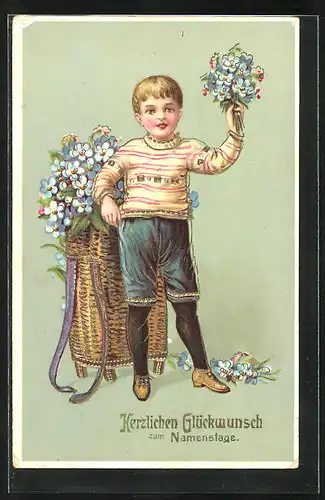 AK Junge winkt mit einem Strauss blauer Blüten, Glückwunsch zum Namenstag