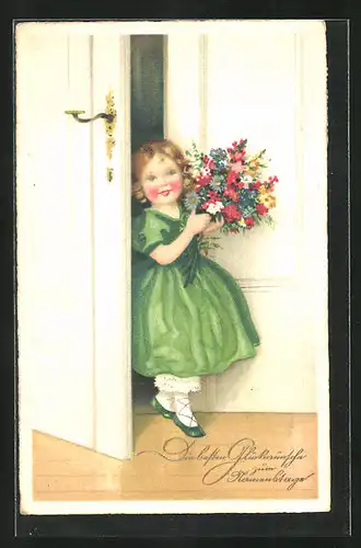 AK Glückwunsch zum Namenstag, Mädchen kommt mit einem Blumenstrauss zur Tür herein