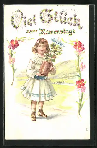 Präge-AK Mädchen hält einen Blumentopf in den Händen, Viel Glück zum Namenstag!