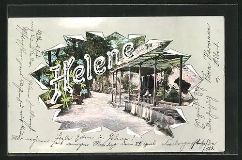 AK Namenstag Helene, Junge Frau sitzt an einem Spazierweg auf der Bank