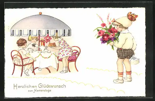 AK Glückwunsch zum Namenstag, Junge gratuliert mit Blumen und Geschenk