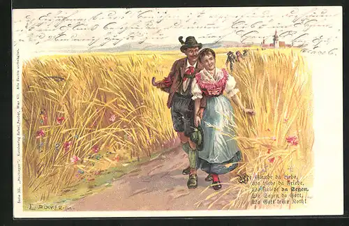 Künstler-AK E. Döcker: Paar in Tracht spaziert durch das Kornfeld