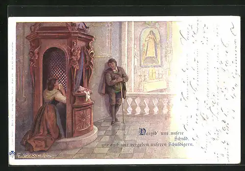 Künstler-AK E. Döcker: Frau bei der Beichte