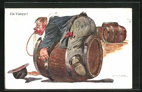 Künstler-AK Hans Hanke: Mann mit roten Backen liegt auf einem Weinfass und trinkt direkt aus dem Fass