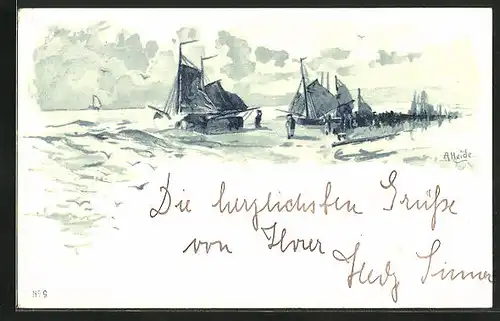 Künstler-AK A. Heide: Segelschiffe am Ufer