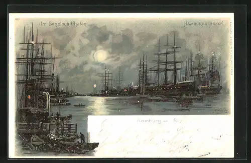 Künstler-AK A. Heide: Hamburg, Segelschiffhafen im Mondschein