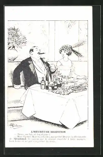 Künstler-AK Albert Guillaume: Elegantes Paar sitzt an einem Tisch, Reklame für Urodonal, L`heureuse digestion