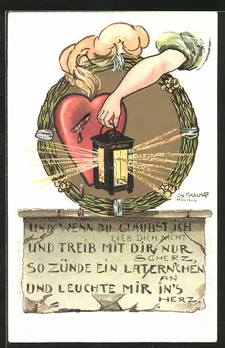 Künstler-AK Gottfried Graf: Frauenhand leuchtet mit einer Laterne in ein Herz