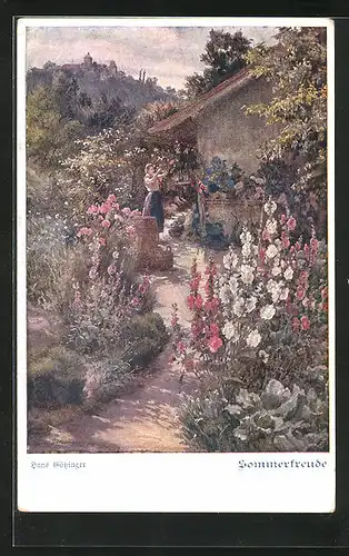 Künstler-AK Hans Götzinger: Sommerlicher Garten mit bunten Blumen