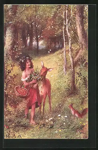 Künstler-AK Oskar Herrfurth: Mädchen füttert ein Reh im Wald