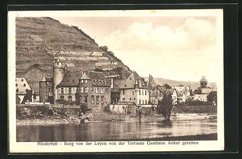 AK Niederfell / Mosel, Burg von der Leyen von der Terrasse des Gasthauses Anker gesehen