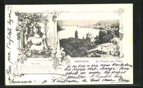 AK Boppard / Rhein, Ortsansicht und Rheinpartie, Mädchen mit einem Glas Rheinwein in der Hand