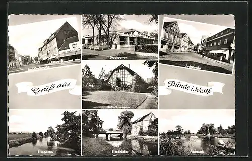 AK Bünde i. Westf., Bahnhofstrasse, Stadtgarten, Eschstrasse, Heimatmuseum, Fischteich und Elsepartie