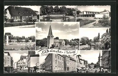 AK Bünde i. Westf., Alte Kirche, Eschstrasse, Freibad, Elsepartie und Stadtgarten
