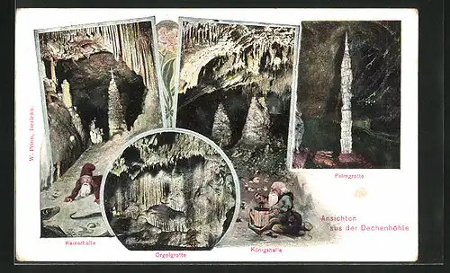 AK Iserlohn, Dechenhöhle mit Kaiserhalle, Orgelgrotte, Königshalle und Palmgrotte
