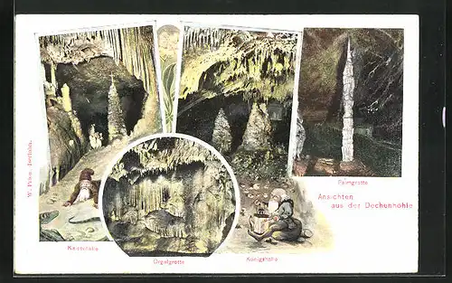 AK Iserlohn, Dechenhöhle mit Kaiserhalle, Orgelgrotte, Königshalle und Palmgrotte