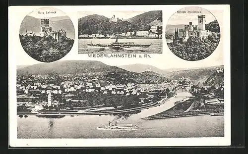 AK Niederlahnstein, Burg Lahneck, Schloss Stolzenfels, Panorama, Rheinpartie mit Dampfer