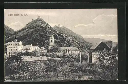 AK Bornhofen / Rhein, Ortspartie mit Kirche