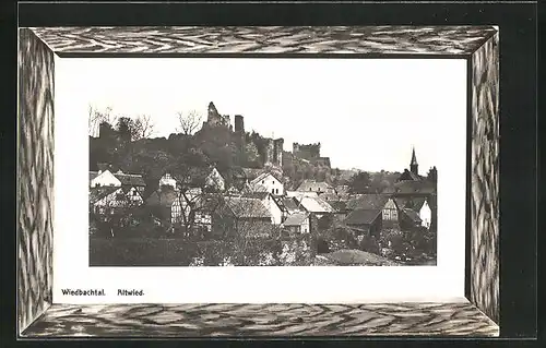 AK Altwied, Ortsansicht aus der Vogelschau im Passepartout-Rahmen