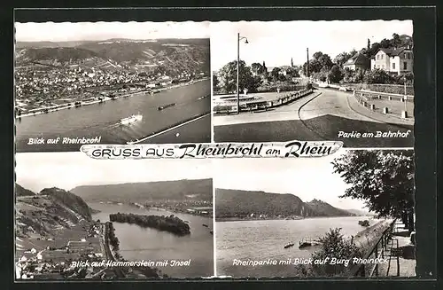 AK Rheinbrohl, Ortsansicht, Blick auf Hammerstein mit Insel, Partie am Bahnhof, Rheinpartie mit Blick auf Burg Rheineck