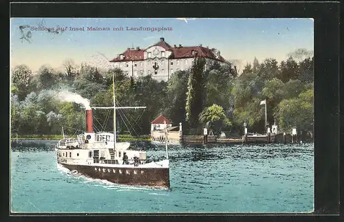 AK Mainau, Schloss mit Landungsplatz, Dampfer auf dem Bodensee