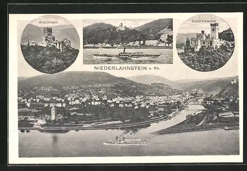 AK Niederlahnstein, Burg Lahneck, Schloss Stolzenfels, Dampfer auf dem Rhein