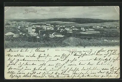 Mondschein-AK Blansko, Totalansicht aus der Vogelschau
