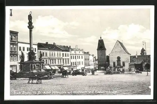 AK Znaim, platz mit Wolfsturm und Kapuzinerkirche