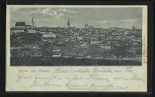Mondschein-AK Znaim, Gesamtansicht aus der Vogelschau