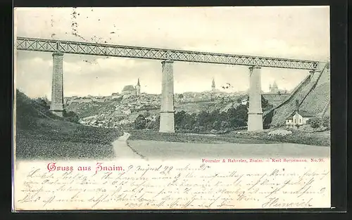 AK Znaim, Viaduct mit Ortsansicht in der Ferne