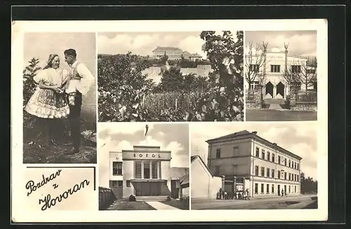 AK Hovorany, Ortsansicht, Strassenpartie, Sokol, Paar in Tracht