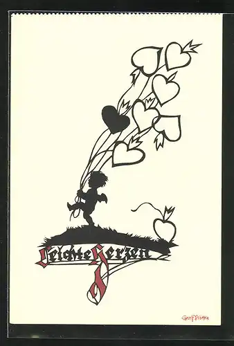 Künstler-AK Georg Plischke: Leichte Herzen, Engel mit Herzen am Faden