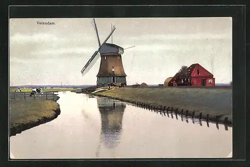 Künstler-AK Photochromie Nr.2956: Volendam, Windmühle am Fluss