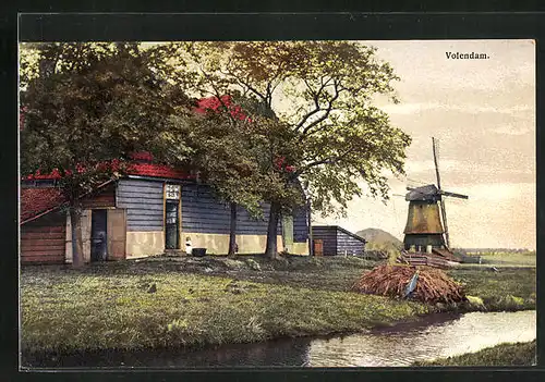 Künstler-AK Photochromie Nr.2955: Volendam, Gehöft mit Windmühle